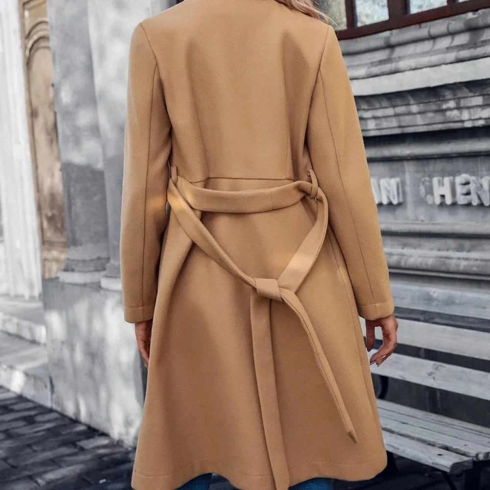 double button lapel neck belted coat camel - Picture 6 of 6